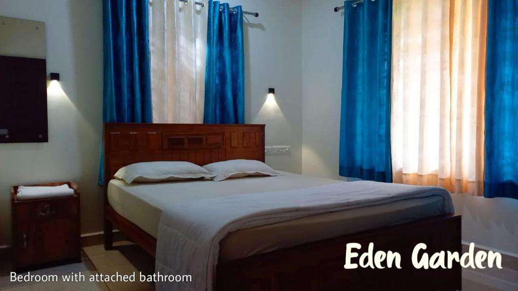 Sunrise Bedroom with blue and beige curtains